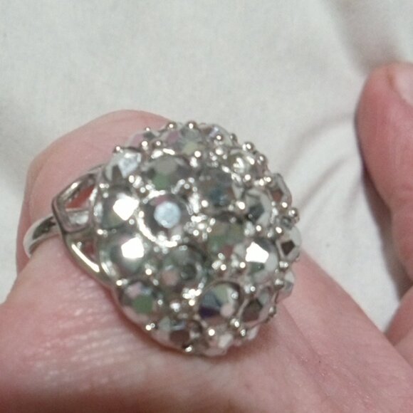 Vintage Sarah Coventry Cocktail Ring Marcasite Rhinestone Dome Silver Adjusts - Picture 8 of 9